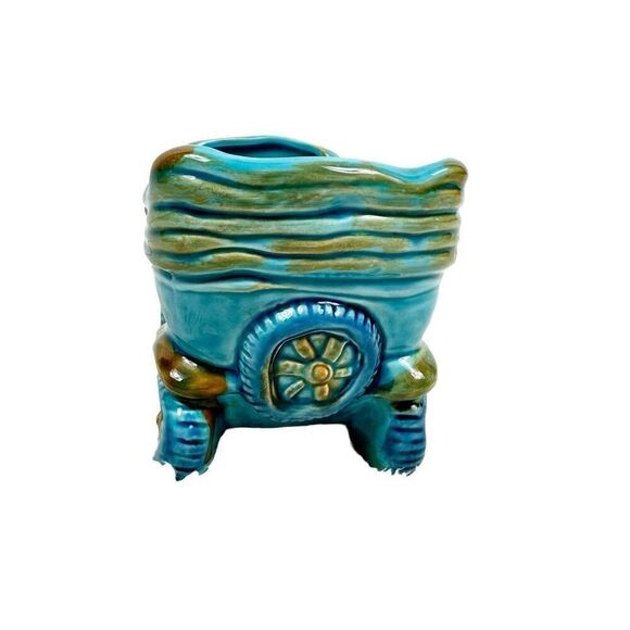 Vintage Rubens Blue Car Buggy Planter Japan Ceramic Footed Retro Whimical Decor - Picture 8 of 10